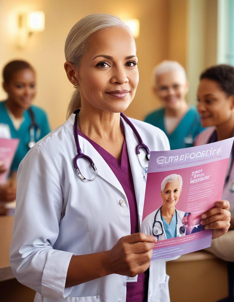 A compassionate healthcare professional engaging with a diverse group of cancer patients, surrounded by informational brochures, support group materials, and a large awareness ribbon in the background. Soft lighting to create a warm, supportive atmosphere, showcasing the importance of community and resources in battling cancer. Illustrate a sense of hope and solidarity among individuals of various ages and backgrounds. vibrant colors. super-realistic.