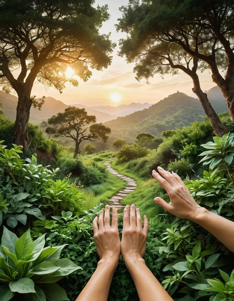 A serene landscape featuring a path winding through lush greenery, leading towards a sunrise symbolizing hope and renewal. Along the path, diverse individuals engaging in holistic practices like yoga, meditation, and herbal remedies, emphasizing a supportive community. Overlay subtle imagery of cancer awareness symbols and gentle hands holding plants, representing healing and empowerment. A calming, harmonious color palette of greens and warm yellows. super-realistic. vibrant colors.
