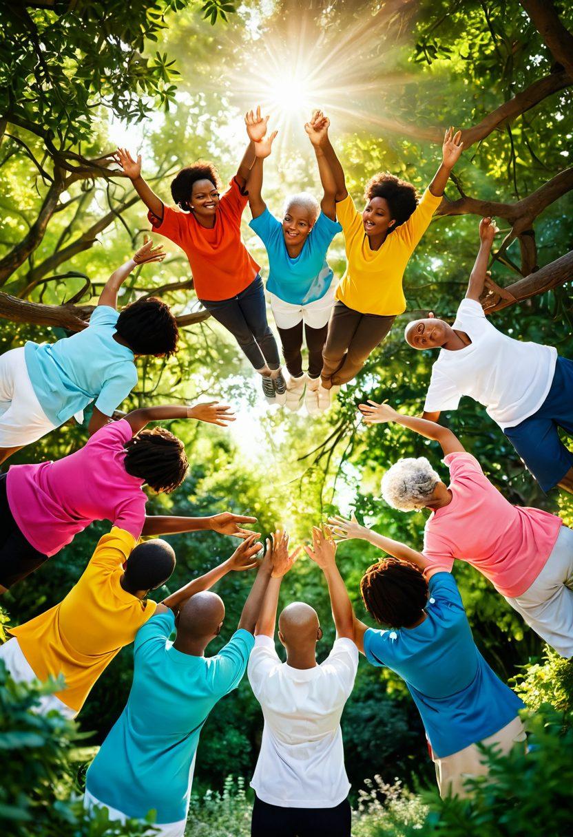 A serene and uplifting scene depicting a diverse group of individuals in a supportive circle, sharing knowledge about cancer care. In the background, gentle sunlight filters through lush trees, symbolizing hope and healing. Incorporate elements like informational resources, medical symbols, and supportive hands intertwined, suggesting unity and empowerment. The colors should be warm and inviting, creating a sense of positivity. vibrant colors. soft focus.